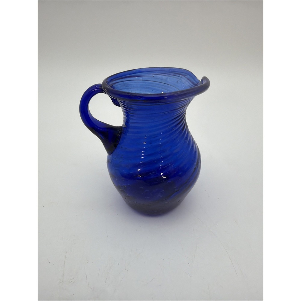 vintage hand-blown cobalt blue art glass pitcher